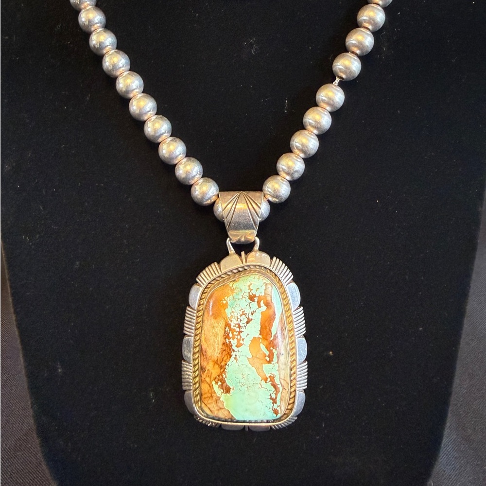 VTG Signed BIG Royston Turquoise Pendant Navajo Pearls Sterling Silver Necklace